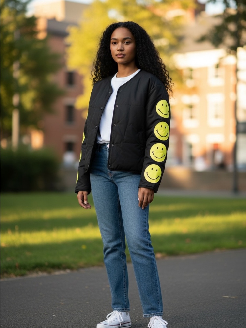 BUCKETLIST Navy Bomber Jacket with Yellow Smiley Sleeve Patches